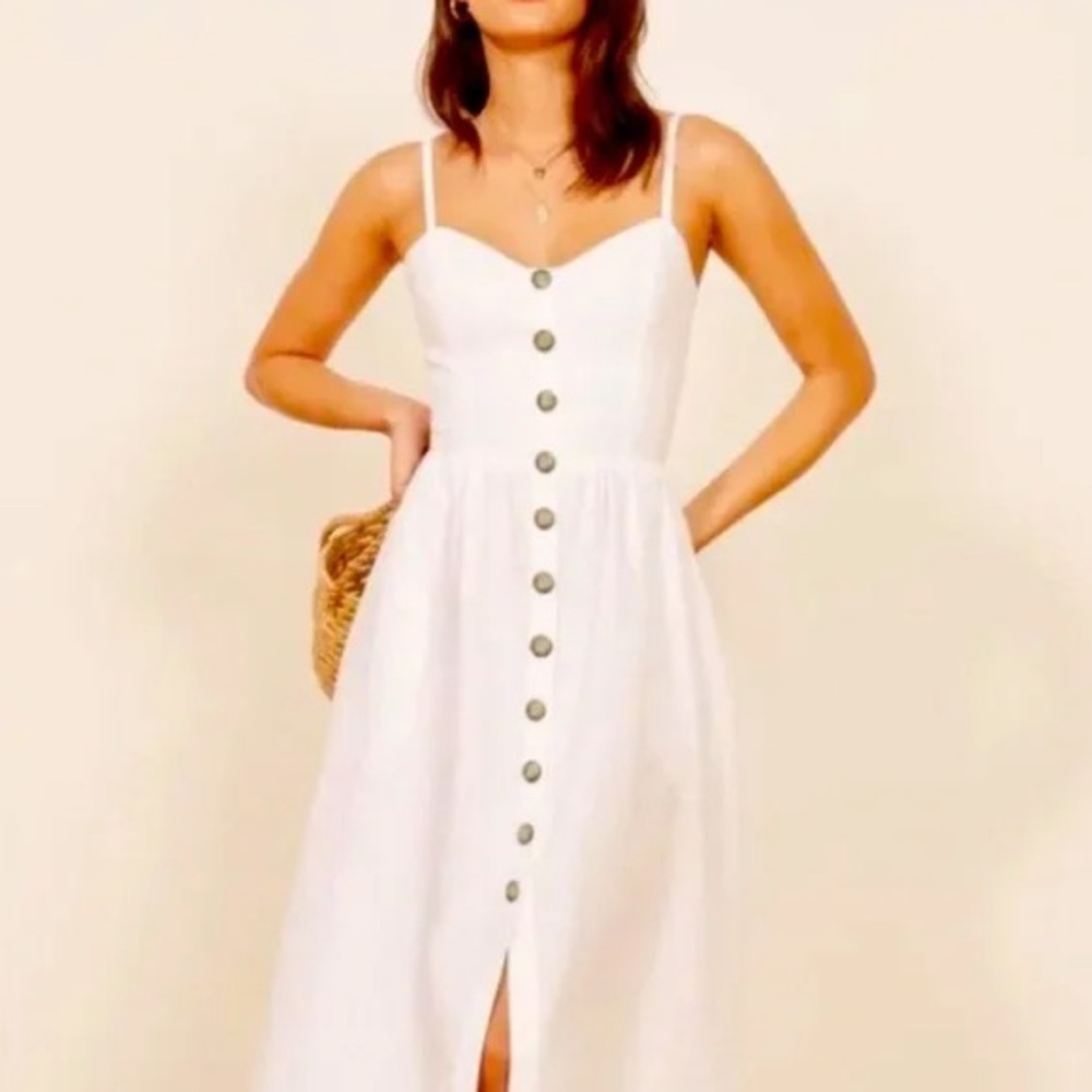 Reformation Thelma White Linen A-Line Dress with Buttons